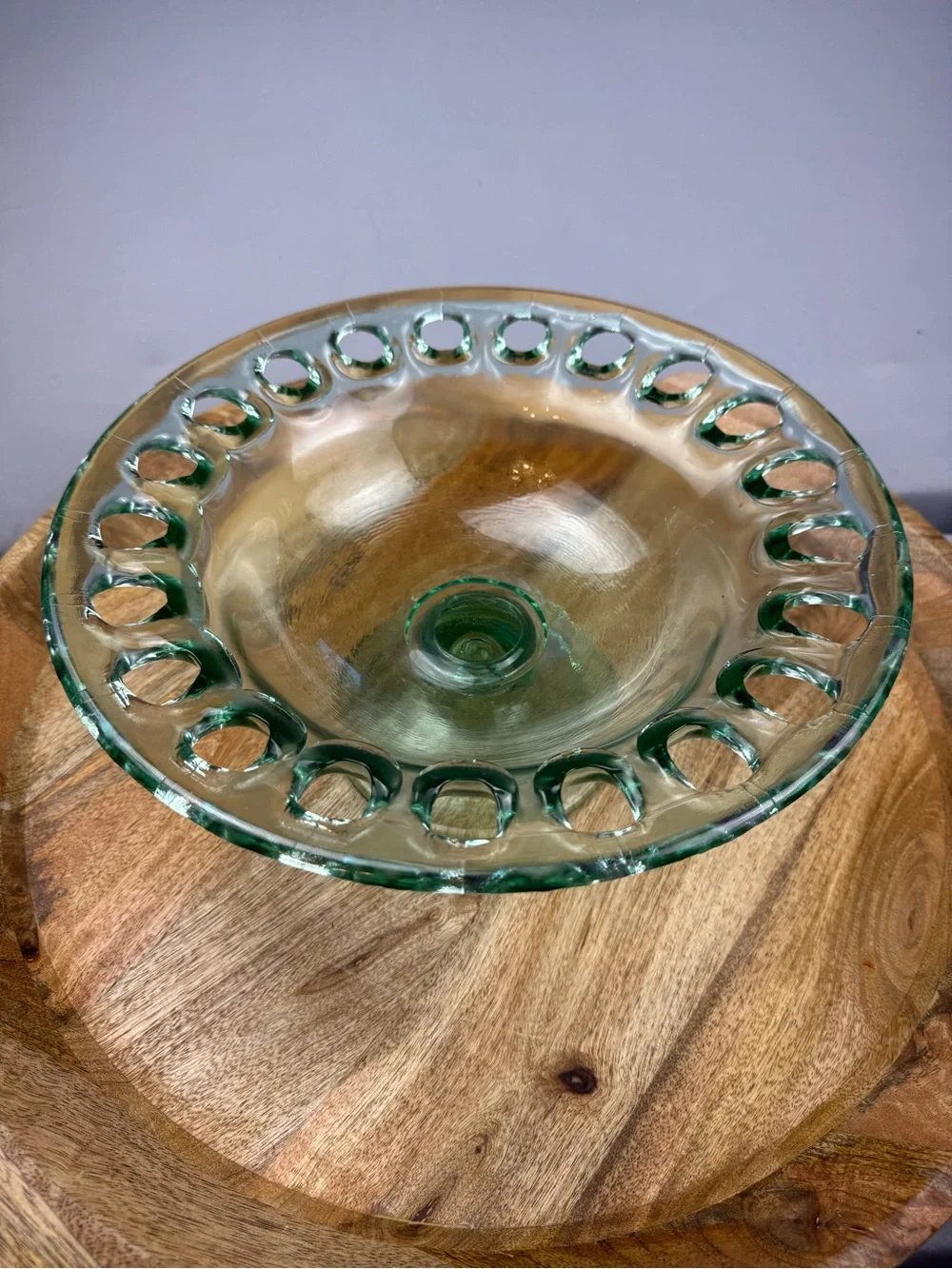 Vintage Green Glass Pedestal Console Bowl Open Lace Rim Cottagecore Decor